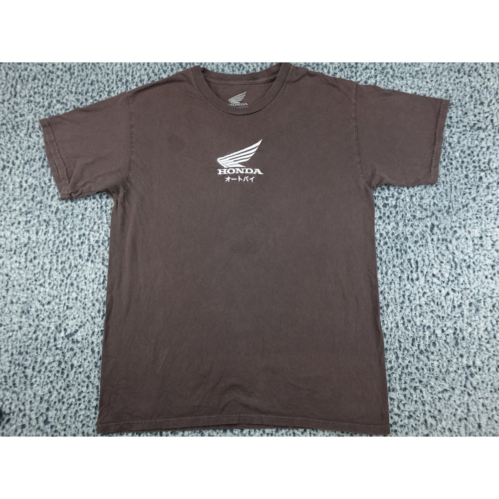 Honda T-Shirt Mens Large Brown Embroidered Logo Japanese Text Short Sleeve